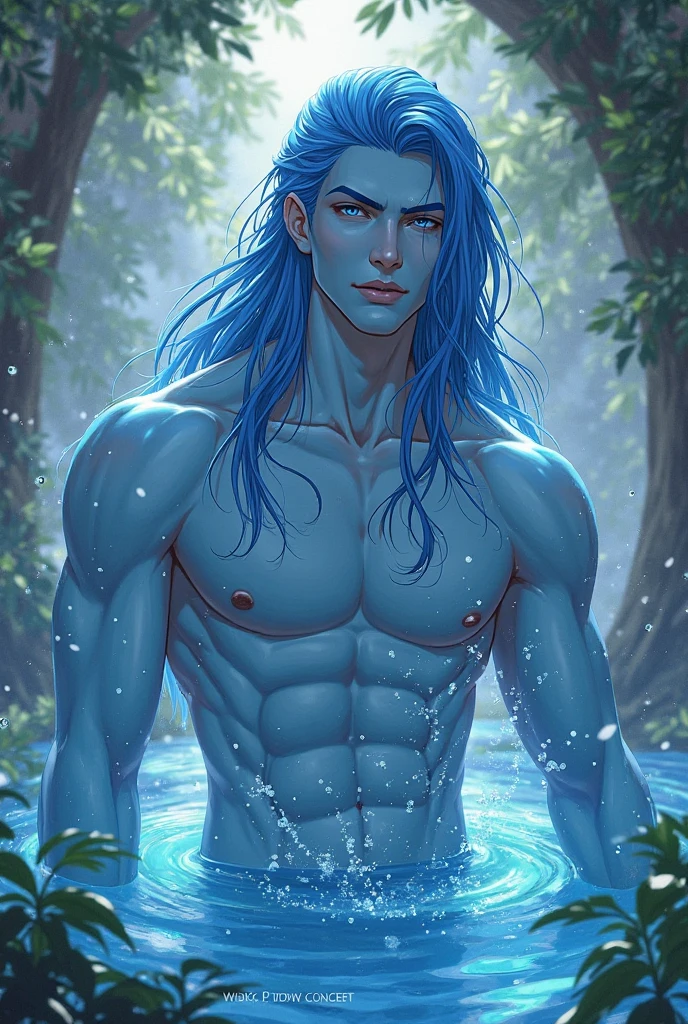 beatiful man out of the spring,far tail,brond hair,shainy skin,blue eyes,water shain,sprash,the big waterfall flows