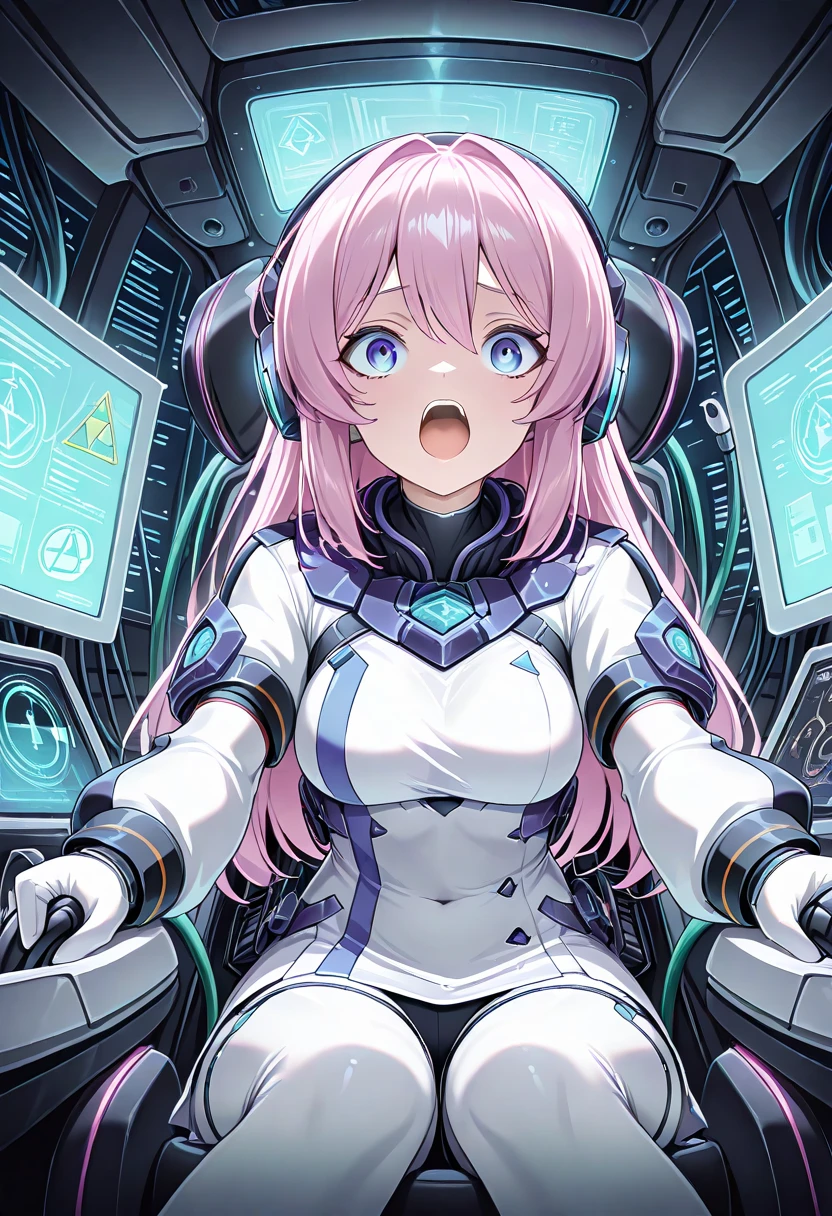 Dramatic Scene:1.4, 1girl,  mechanical helmet with headphones inside, sitting in the cockpit,  engine , screaming:1.3, danger:1.3, impactful:1.5, Triangle warning sign, hologram interface, hose, cable, futuristic interior, Multiple monitors , (masterpiece:1.3, top quality:1.3, Ultra Details:1.1), white uniform, Stares At Viewers, (artistic on a city night:1.3), speedline, high resolution