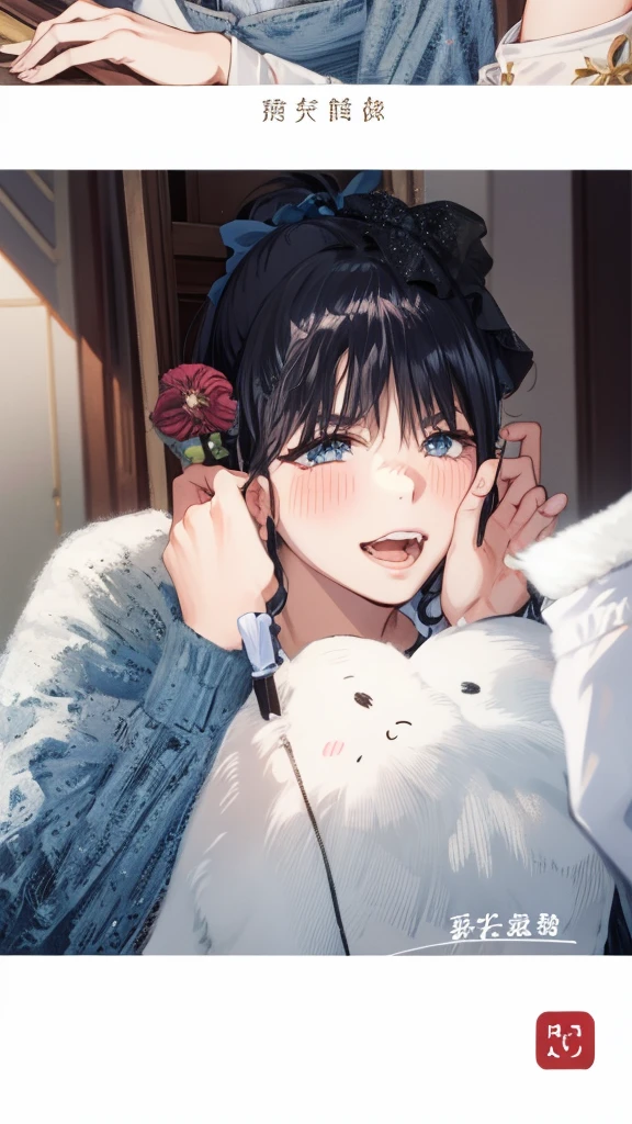 Sit on the sofa,looking ahead,from above,handjob,side view,face focus,open mouth,tongue out,cum on tongue,lick,(1girl,Beautiful 14 year old girl),((Slender,Small breasts,Baby Face,Small face,)),looking at viewer,Black Hair,bangs,two side up,Gray Eyes,Drooping eyes,slit pupils,narrow eyes,White sweater mini dress,bare shoulder,Beautiful and detailed anime art,Mischievous smile,Dimly lit room,Simple Background,Gray background,Low lighting