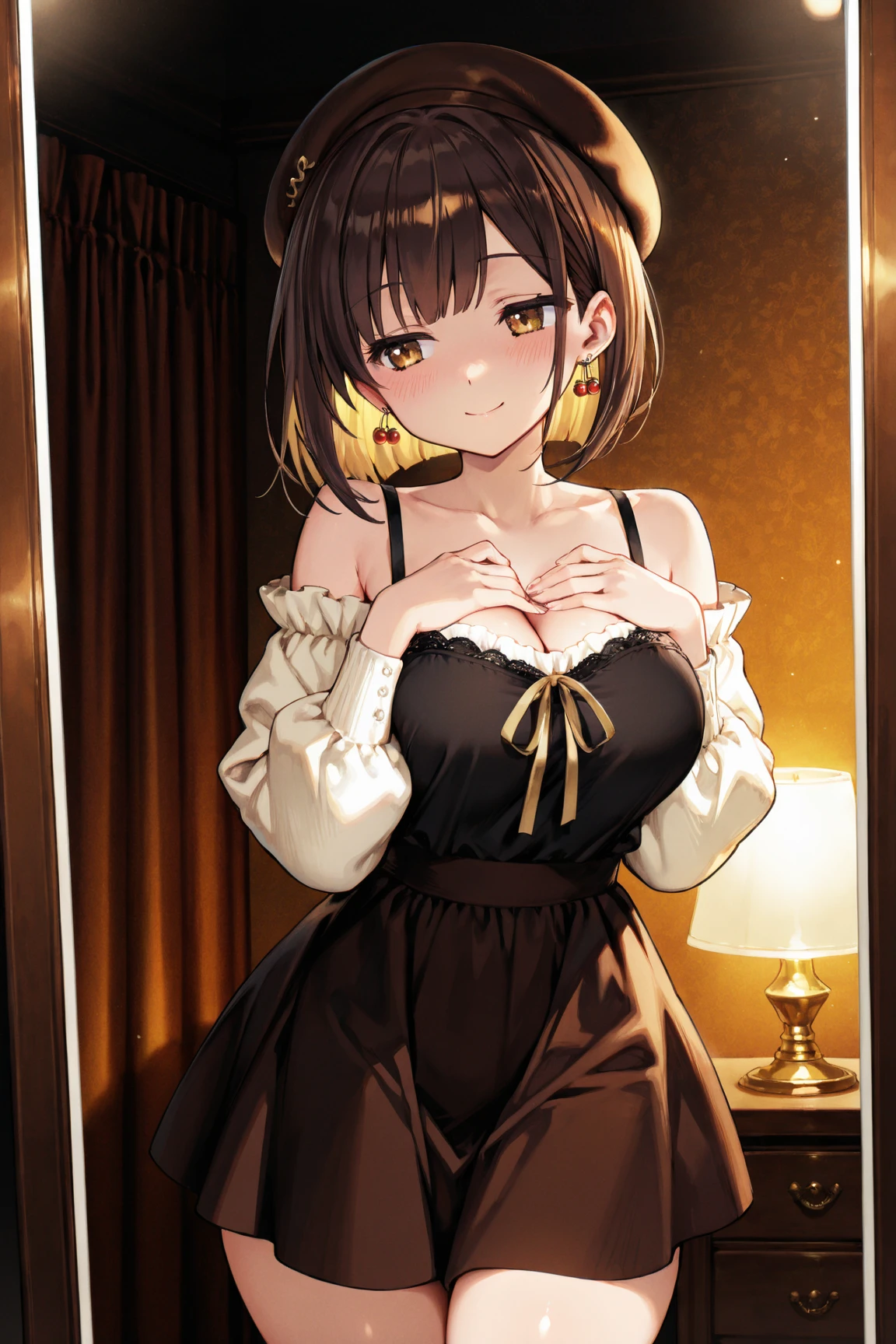 Nsfw, (((masterpiece)))、(((Highest quality)))、((Ultra high definition))、(Highly detailed CG illustrations)、((Very delicate and beautiful))、(Delicate and pretty face), 独奏, nishino flower \(umamusume\),horse girl,horse ears,horse tail,short hair, flat chest,purple eyes, corruption,empty eyes,half-closed eyes,evil smile,crazy smile, sc1, couch, scenery, table, indoors,blush,tatoo,(shiny clothes,Yellow Dress,revealing dress,revealing clothes),(A dress with a wide open chest,Dress with side breasts visible,deep side slit), night,club,indoor