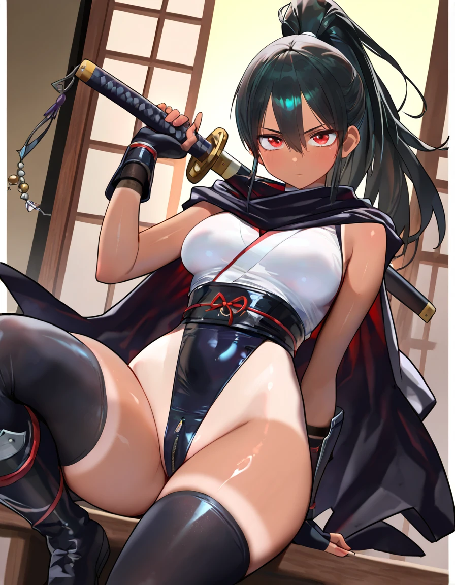 score_9, score_8_up, score_7_up, score_6_up, uncensored, Yor Briar, black hair, earrings, white hairband, hairband, long hair, sidelocks, red eyes, naughty face, shiny skin, sweating, steaming body, heavy breathing, BREAK (masterpiece:1.2), best quality, high resolution, unity 8k wallpaper, (illustration:0.8), (detailed eyes:1.3), extremely detailed face, perfect lighting, extremely detailed CG, (perfect hands, perfect anatomy), looking at viewer, 1girl, breasts, hat, solo, large_breasts, black_panties, underboob, panties, underwear, belt, from_below, chaps, navel, hand_on_hip, gloves, covered_nipples, pants, boots