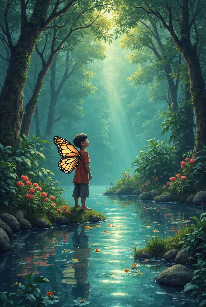 boy in a light blue shirt and shorts with boots watching a butterfly in a forest next to a lake