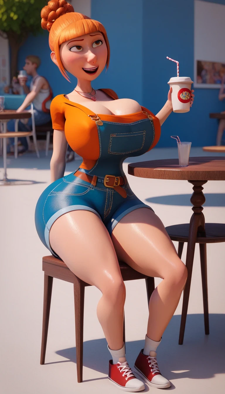 despicable me:1.3,3D:1.1, 1mlhuer:1.1, blue denim overalls:1.1 ,Lucy:1.1, glad:1.5,hair orange, huge breasts, thin thighs, Wide hips, thin belt, huge ass, thin legs, thin arms, public, sitting on the chair, open legs, holding a cup