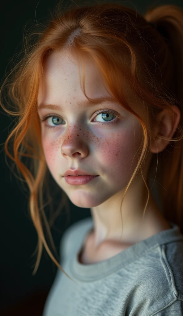 NSFW,Masterpiece, a young 11 years old girl, redhead, cinematic, The portrait showcases a young redhead girl with a shy and innocent demeanor, blueish eyes, sensual slim face, subtle freckles, big lips, small perky breasts, small ass, small slim body, she is wearing a tight mini low cut shorts and a mini tank top, navel, Her hair is styled sleek and straight, elegantly framing her face with adorable long hair .Her face is illuminated by gentle lighting, highlighting her delicate features. The girl's eyes sparkle with a hint of curiosity and her lips form a subtle, shy smile. The background consists of a ourtoor nature autum scenery muted and warm-toned setting, providing a calm and serene atmosphere. The composition focuses on the girl's face, capturing the intricate details of her flawless white skin, The overall image exudes a sense of tranquility and captures the innocence and gentleness of youth