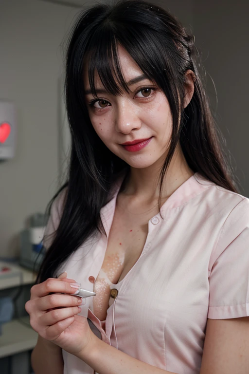 korean girl, (behind corpse, surgical mask), holding knife, stabbing, latex gloves, room full of blood, transparent raincoat, hood up, holding knife, white gloves, behind corpse, blood splatter, mass murderer, killer, long bangs, blood splatter, mass murderer, robbery, in the hotel,