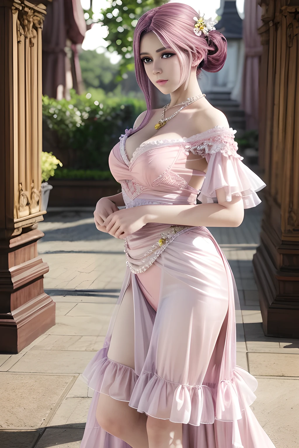 masterpiece, absurdres, Aqua, 1girl, solo, smiling, mature female, wearing indian saree, saree,  looking at viewelling petals), perfect composition, detailed lips, big breast, beautiful face, body proportion, blush, (pink lips), blue hair, opened hair, blue-eyed, soft gaze, super realistic, detailed, photoshoot, realistic face and body, full body picture, 16k, at a flower garden