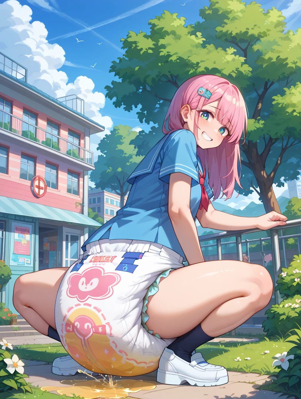 (8K),(masterpiece),(Japanese),(8-year-old girl),((Innocent look)),((Childish)),from the front,smile,cute,Innocent,Kind eyes,Plain T-shirt,Short sleeve,Blue checked long skirt,(Carrying a red backpack),Straight hair,Hair blowing in the wind,Somewhat strong wind,noon,bright,(8K、Ultra-high resolution、Highest quality、Ultra-high resolution,(Watching the audience), (((Very thick thighs))),Wide Hips, Beautiful thick thighs, 巨大なCircleいお尻, Beautiful huge natural breasts, (orgasm: 1.5),(Are standing/Are standing in honor),(Take off:1.5),Beautiful Hair, Beautiful Face, Beautiful and beautiful eyes, Beautiful clavicle, Beautiful body, Beautiful legs, Beautiful fingers, (Beautiful views),smile),(((No pants, Genitals are visible))),Futanari-Style Nekov0,((cute, (((Thick penis:1.5/Circle々と太った大きな睾Circle:1.5))),blue sky,(((full penis))),