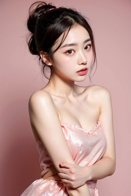Gentle portrait of a beautiful Asian woman, flowing hair, captivating blue eyes, delicate features, radiant smile, natural makeup, elegantly dressed, ((Pink colour Boatneck Sleeveless Vintage Tea Dress)), ( hair adornment、bow ribbon、frilld、shairband、Jewelry Accessories ), gentle expression, slight blush, warm skin tones, fantastic lighting, soft shadows, high-resolution digital painting, realistic style, artistic interpretation, by a skilled portraitist.