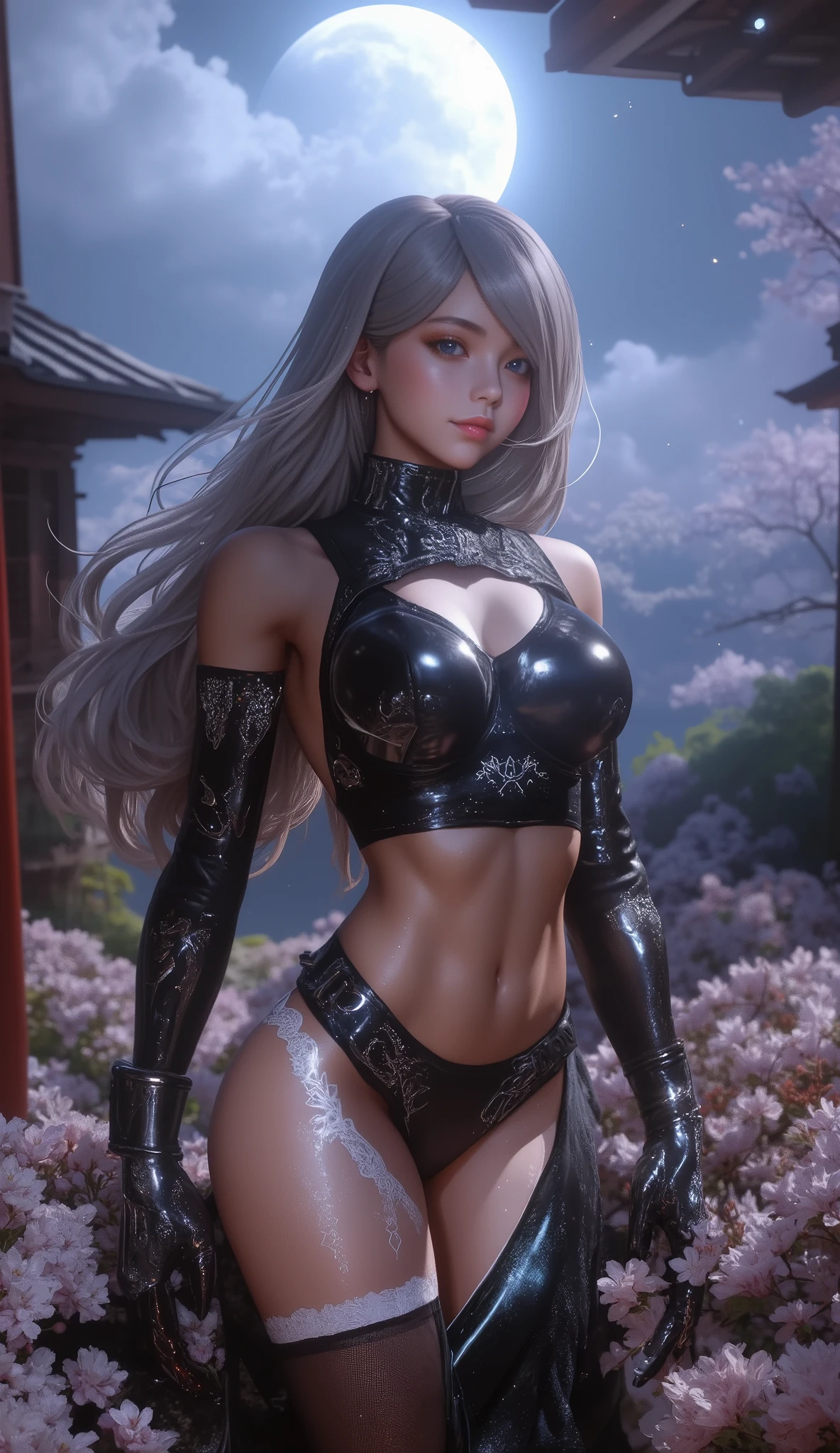 realistic, 1 women, best quality, 12k, HD, long hair, big round breasts, cleavage, ponytail, necklace, jewelry, shorts, short jacket, slim hips, hair tie, yellow eyes, black hair, super detailed, Eye details, hair details, person details, mouth details, face details, breast details, clothes details, hair details, pants details, hand details, whole body