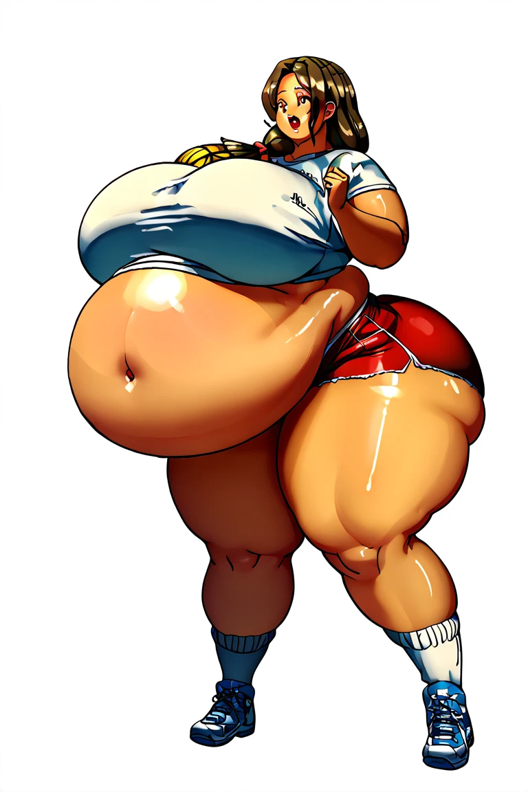 ((Dark skin)), ((dark skinned female)), ((brown skin)) ((giantess)), ((strongfat)), ssbbw, obese, ((strong arms)), ((white hair)), ((blue eyes)), ((tall)), (gentle smile), (wrestling gear), gigantic, insanely large belly, sweaty, subtle blush, (bare arms), ((gigantic biceps)), leotard, fingerless gloves, ((wrestling ring background)), clear face, large eyes, ((heavy shading on lower half of the body)), ((large bicep muscles)), ((looking down at viewer))