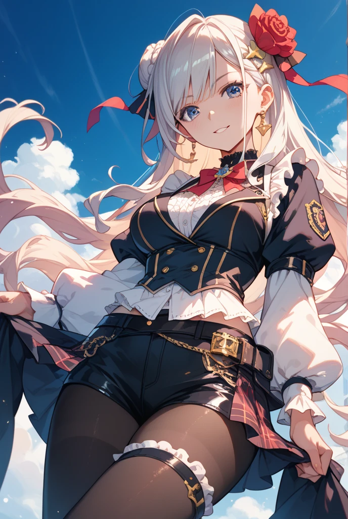 1 girl, solo, best quality, ultra detailed, minor, white hair, absurdly long hair, blue eyes, flat chest, black and red theme, belt, adventure clothes, straight hair, ray tracing, yellow glow, treasure, smirk, (gold coins:1.4), sitting with the legs crossed, red jacket, black dress, black thigh highs, light particles, pirate hat, portrait, gold sparkles, barrels, vivid colors, colorful, from below, looking at viewer, painting in the back, intricate