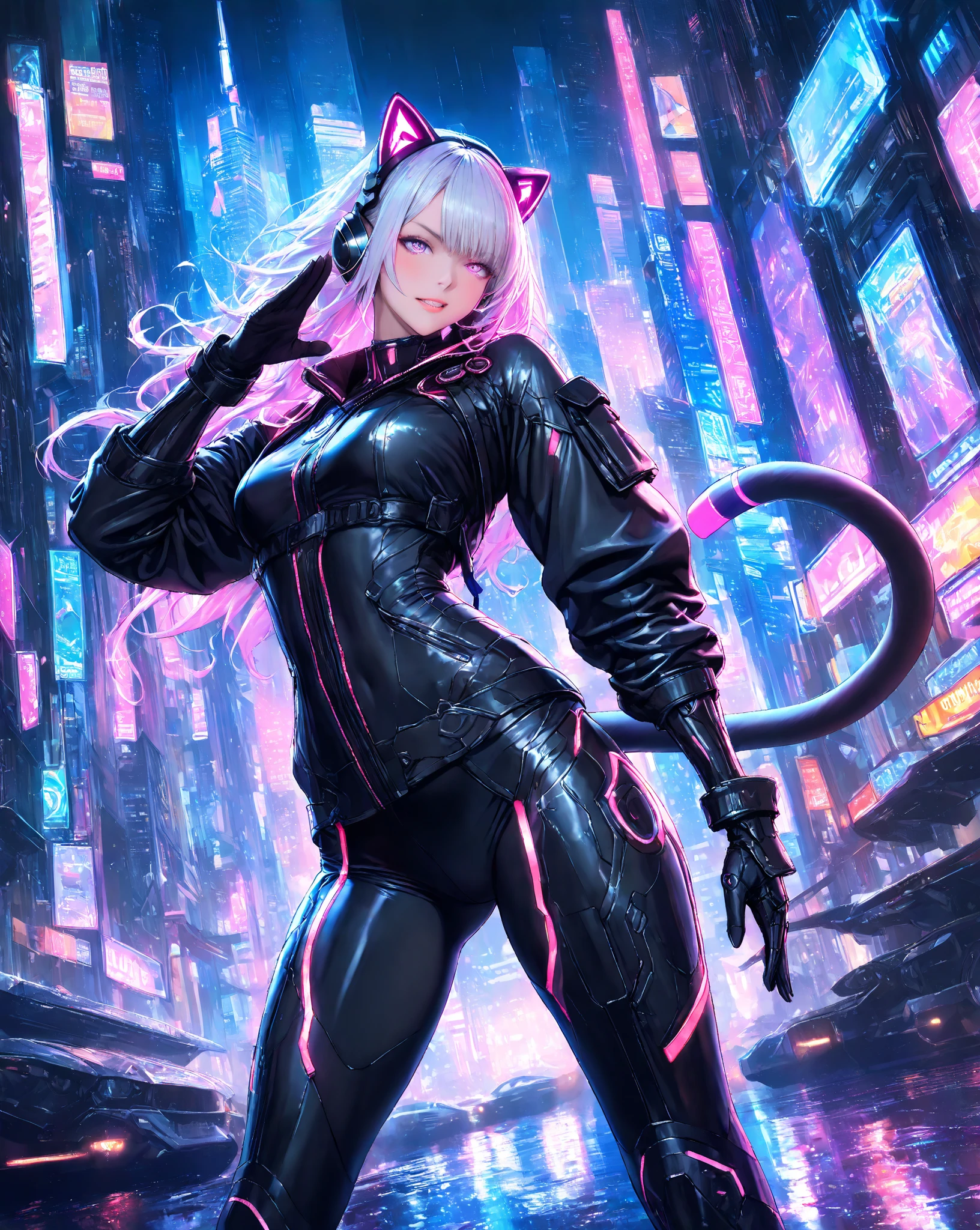 A cyberpunk version of Harley Quinn with cybernetic implants and a pet hyena.