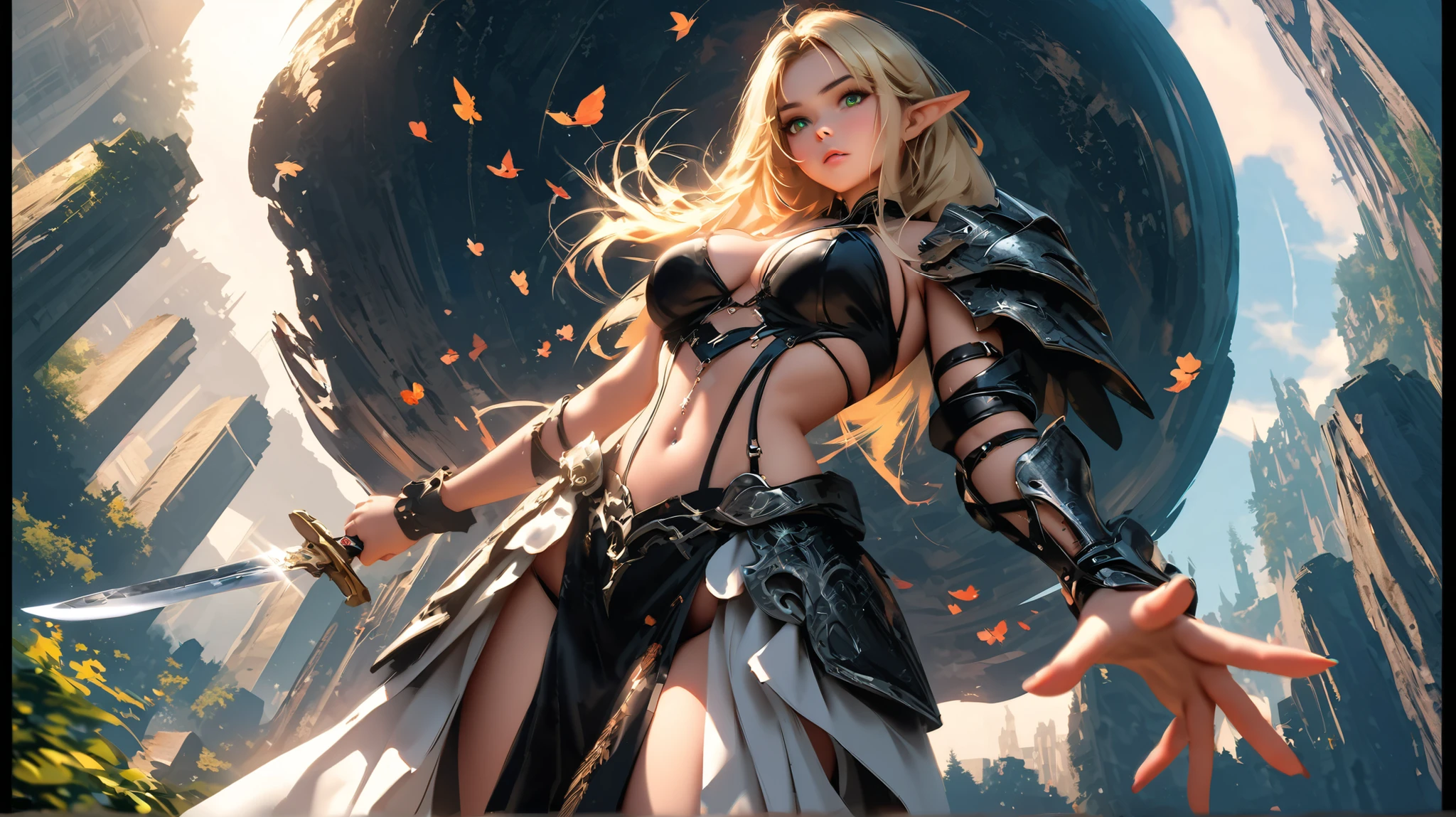 Wide shot, Blow up, 1girl, long hair, ana de armas , Yellow golden hair, breasts, blush, large breasts, earrings, horns, pointy ears, pink eyes, huge hips grey background, demon girl, demon horns, demon wings, cinematic lighting, strong contrast, high level of detail, Best quality, masterpiece, White background, intense angle, long legs