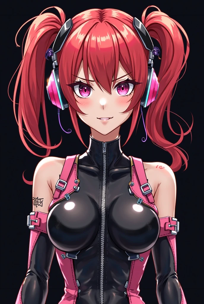 (best quality,4k,8k,highres,masterpiece:1.2),ultra-detailed, anime style, vapor wave aesthetic, line art, medium breasts, bimbo, Slim thicc waifu:1.5, short red hair, tan skin, yellow eyes, freckles, black bikini with harness, purple and hot pink background, setting sun, erotic pose:1.5, wearing large headphones, waifu, seductive expression:1.2, smile