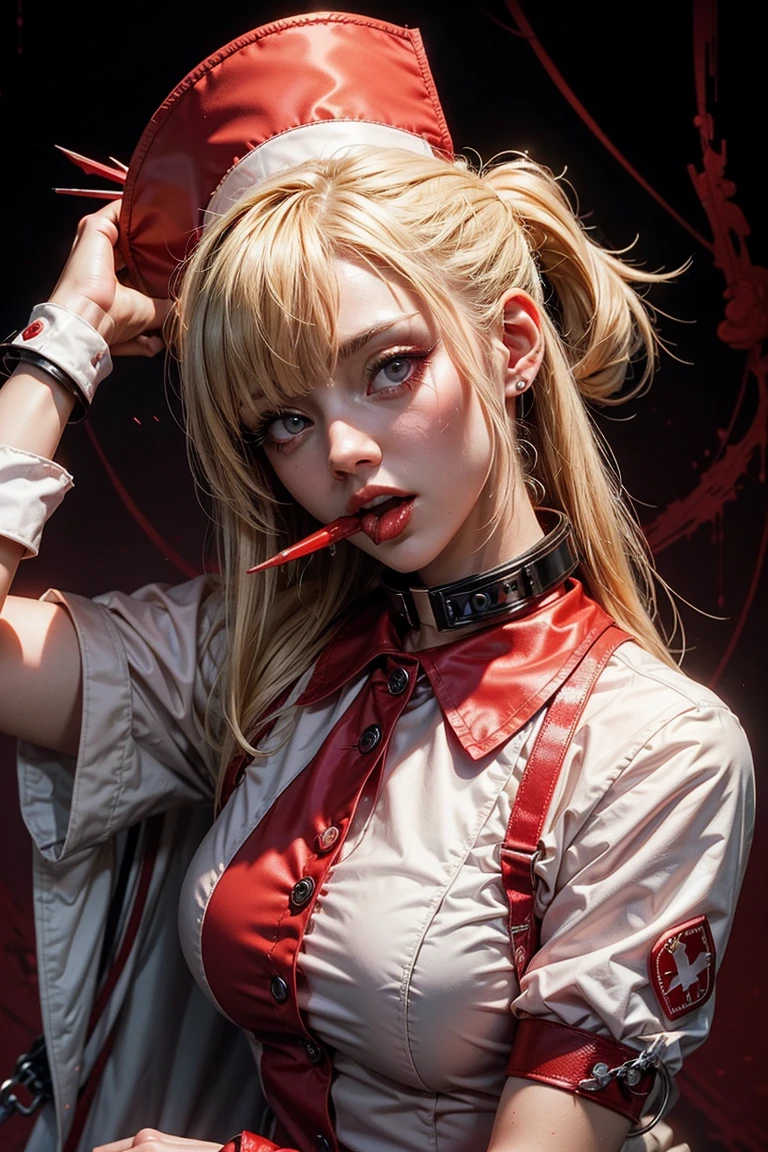 best quality, super_delicate, beautiful, 8k,red jacket, earrings, choker, concept, night, blood on face1:3, red eyes, harness, red lips white shirt, yellow eyes, cleavage, split-color hair