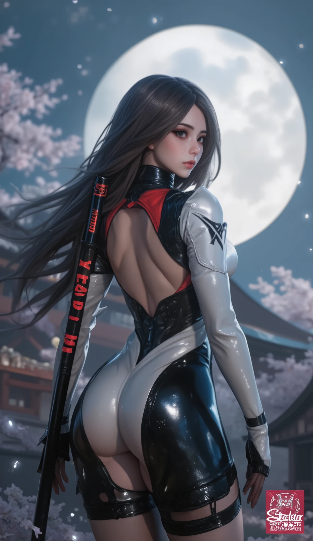 8K resolution, high image quality, high quality, real, female, ninja, Kuichi, ice-cold eyes, moonlit night, full moon, lurking in pine tree branches, image from head to toe,