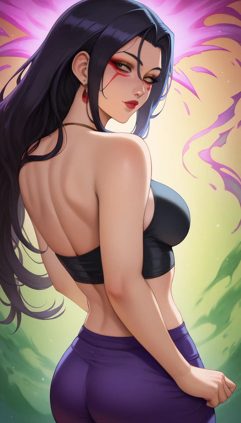 Yoruichi de bleach, nue (huge tits), cheveux violet, yeux jaunes, Haut du corps, peau bronzee, abdos, bikini comme s'ils n'existaient pas, deserted beach, gros seins, gigantesque seins, 4K ultra UHD, mains parfaites, cing doigts, yeux parfaits, bikini dentelle rouge, peau marron