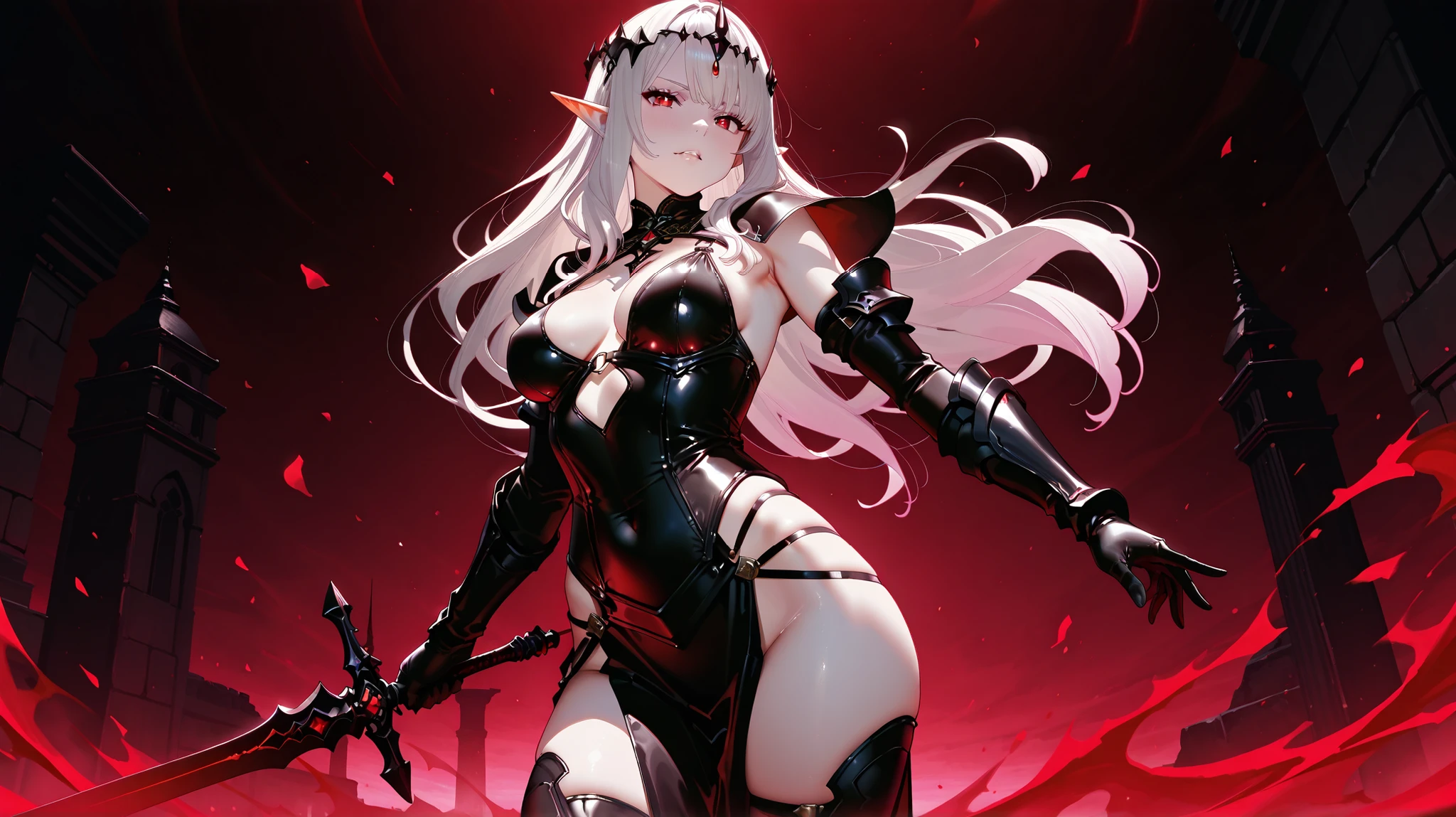 Anime woman, deep cleavage, huge heavy breasts, demopunk style, fusion of demonic and punk elements, skull motif with vibrant red accents, long white hair flowing with red highlights, piercing red eyes, leather attire with chains, (face mask headgear with demon horns), high contrast between black and red, background of urban decay and graffiti, chaotic energy, hyper-realistic textures, ultra-clear detail, soft shadows, professional color saturation, contrast heightened for a gritty yet slick aesthetic.