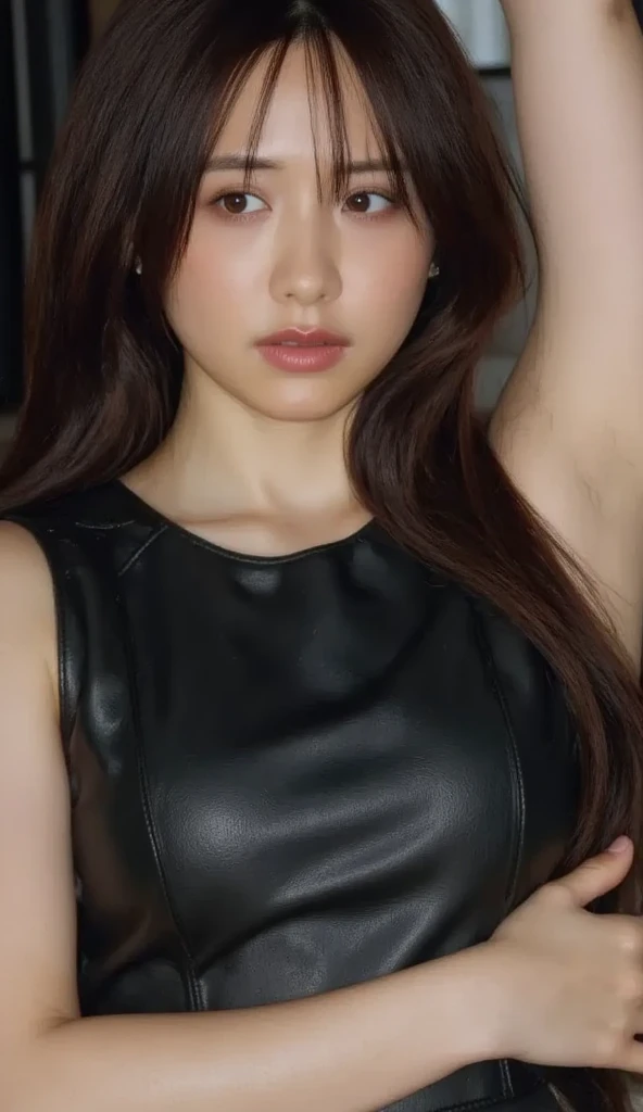 Mujer araffed con un vestido de cuero negro posando para una foto, amoranto, amoranto as a super villain, young beautiful amoranto, better known as amoranto, taken in the early 2020s, diosa pelirroja, Jessica Rabbit, in a leather corset, loreta de lujo, stupid latex, labios rojos sexys