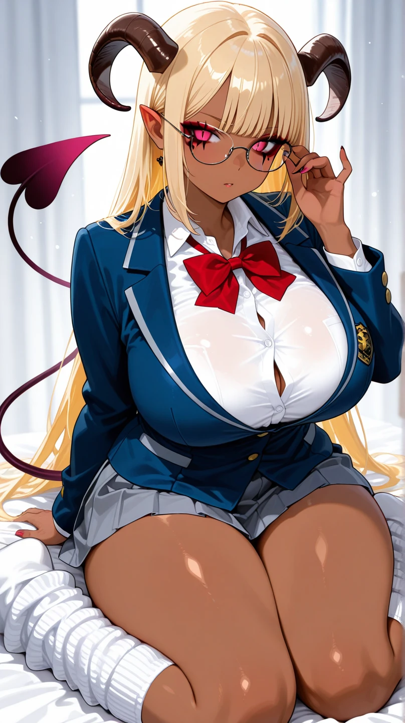 (Blush:1.1), smile, (glowing aura:1.1), natural light, masterpiece, (glossy skin:1.1), (juicy lips:1.2), sexy, hot, (hourglass body), blonde hair, wide eyes, (green eyes:1.1), dark lighting, long hair, (pink bow), (platform heels:1.1), (bow in hair), (golden round glasses), (black horns), (collared shirt), (open jacket:1.1), (oni horns:1.2), (parted lips), (ponytail:1.1), purple jacket, office background, (detailed face and eyes:1.2), (perfect anatomy), (round breasts), (bubble butt), (wide hips:1.1), (slim waist:1.1), (thick thighs:1.1), (detailed background), (perfect nails:1.1), (detailed hand and finger:1.2), (medium breasts:1.2), (busty), (deep cleavage:1.2), (labia outline:1.3), (hard teat:1.3).