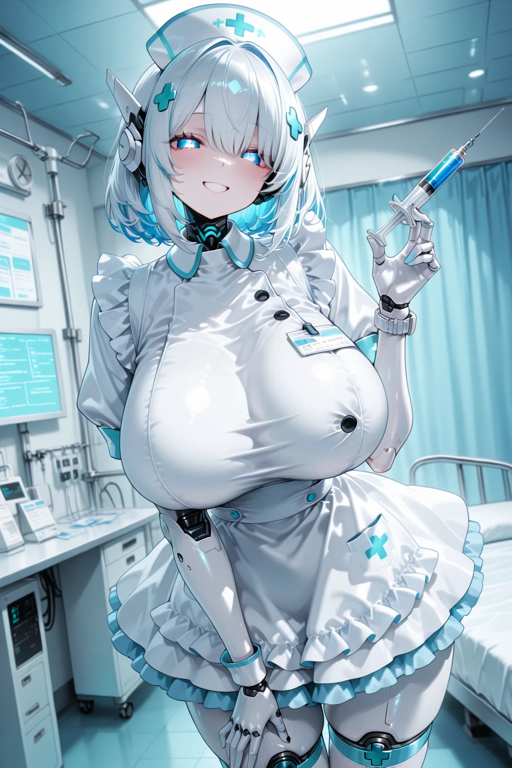 (A modern operating room with dazzling blue LED lighting), ((a very nice nurse undressed in the operating room with many nursing assistants)). (Wearing white silk nurse uniform.: 1.5). 40k, Photos, Masterpiece, Superior quality, (Beautiful hair). Beautiful Japanese woman with soft breasts and light skin., Various poses. ((Big: 1.2)), ((very soft breasts)), Super detailed face, detailed eyes, (she is wet). shot in the chest, blush, ashamed.