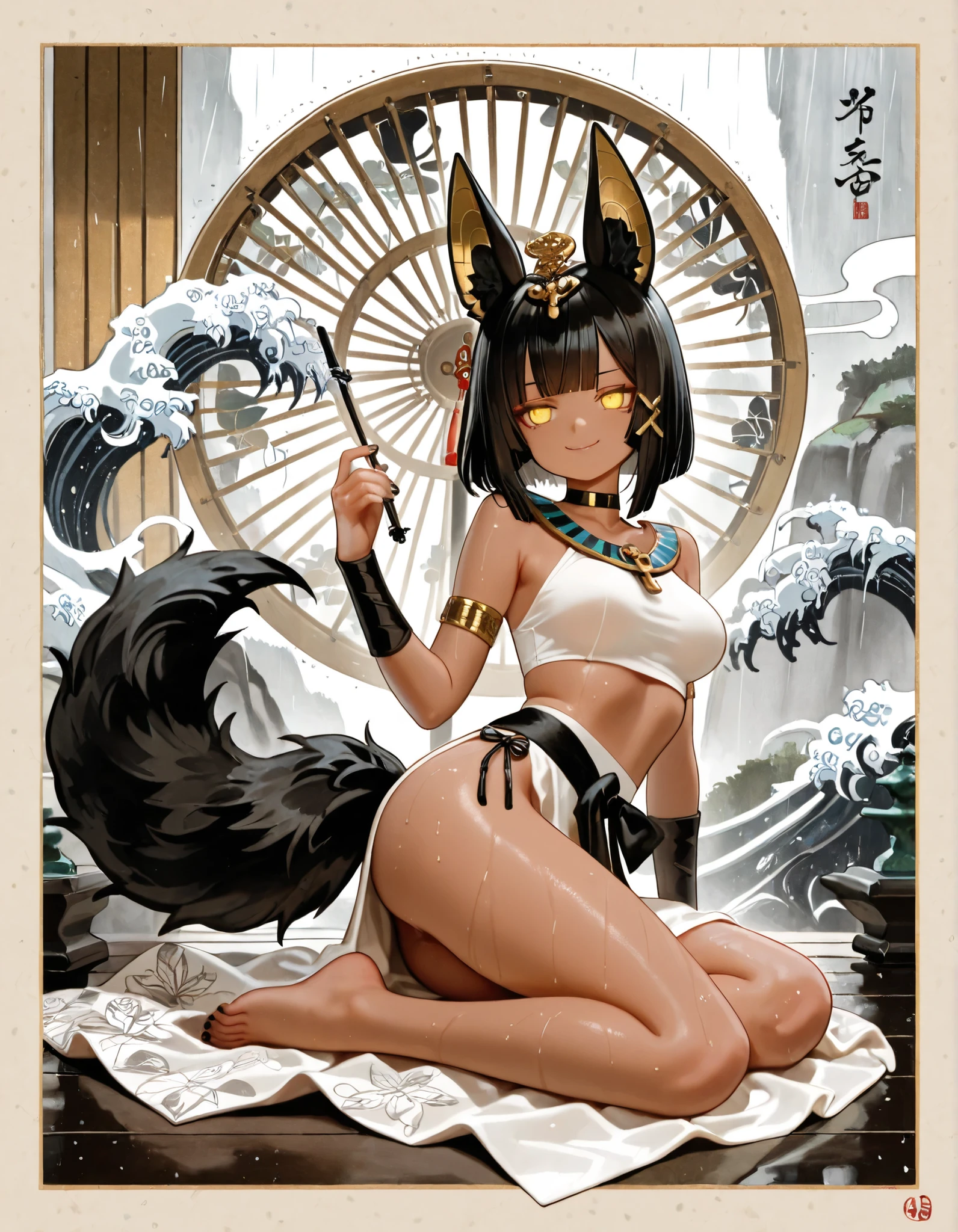 there is a cat with a chain around its neck and a fish tattoo on it, cat design, cat detailed, anime manga robot!! cat tattoo, japanese art style, colored illustration for tattoo, by Kanō Tan'yū, ukiyoe style, japanese illustration, by Shiba Kōkan, line art illustration