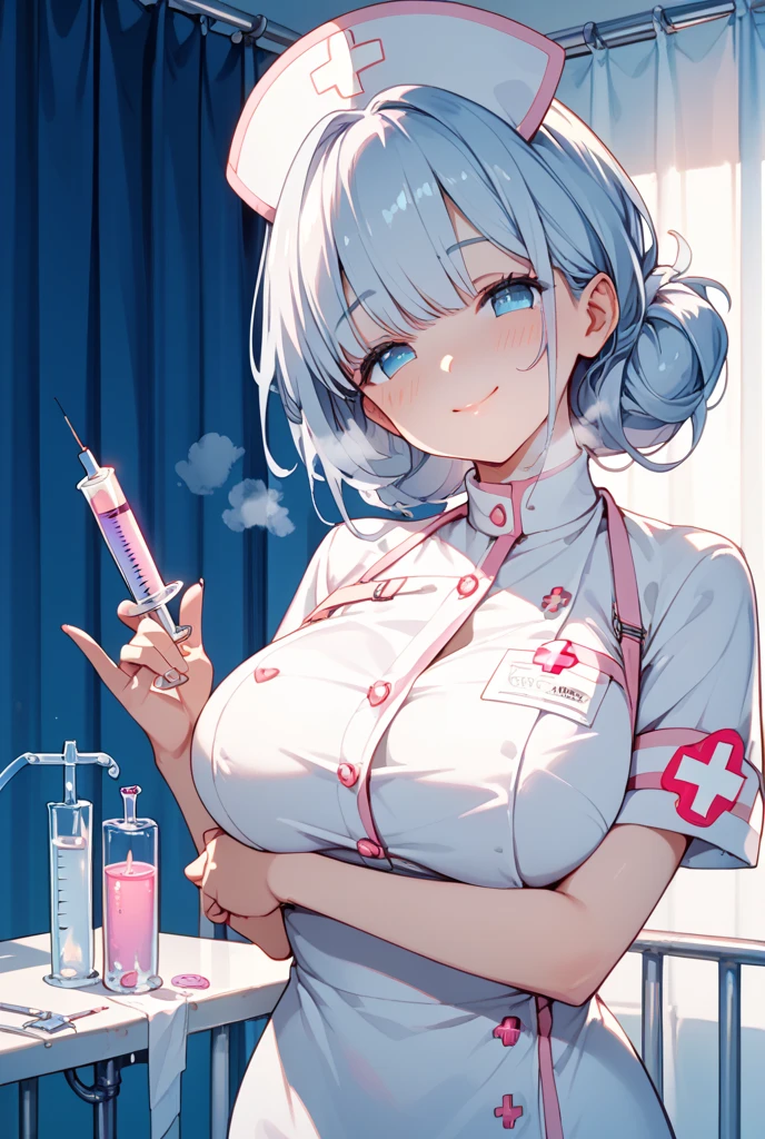 Dark-skinned nurse's blue outfit,black short hair,red lipgloss stick,big boobies, wearing a glove,serious look, showing breast nipples, holding wet breasts, having sex