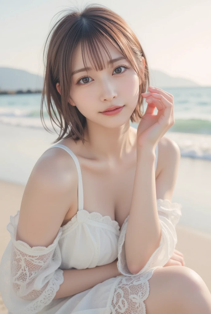 Photo-realistic quality、A Japanese woman in her fifties lying on the beach with her chin on her hand, Short Hair, Wearing a white dress、Cleavage、Japanese Model, 女のChild かわいい 綺麗な顔, Young and cute gravure idol, 美しい日本の女のChildの顔,, Cute young woman, Beautiful Japanese Women、looking at the camera、A soft and gentle look、Cute Smile、Brunette Hair、Detailed and beautiful eyes