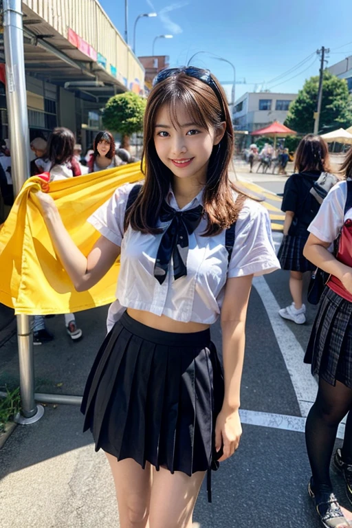1 girls, nsfw, Japaneses, age 16, short hair, smile, learge breasts, huge breasts, learge breasts, huge breasts, underboob, cleavage, cleavage, wearing schooluniform, tight shirt, long sleeve, sailor style uniform, mini skirt, black skirt, pink ribbon hairband, Tokyo city, busy downtown, crowded bussiness district, outdoors, standing pose, from dynamic angle, city walk road, cityscape, nsfw,