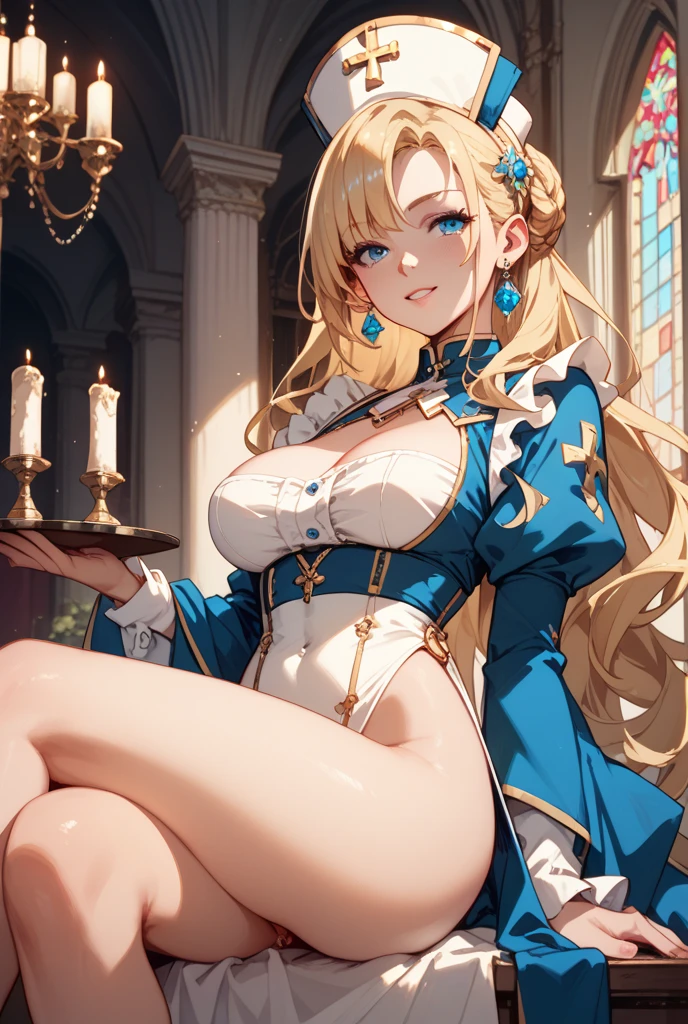 Cathedral、Elf、Blonde、clergyman、smile、Big Breasts、Very large breasts、Cleavage、Her underwear is visible、Very short skirt、Knee socks、garter belt、Breast milk、溢れるBreast milk、Overflowing love juice、Dripping love juice