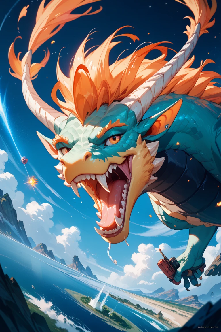 girl, letterboxed, holding, outdoors, bird, standing, cloud, 1boy, weapon, from behind, sky, cloudy sky, animal, holding weapon, eastern dragon, monster, 1other, hat, fog,