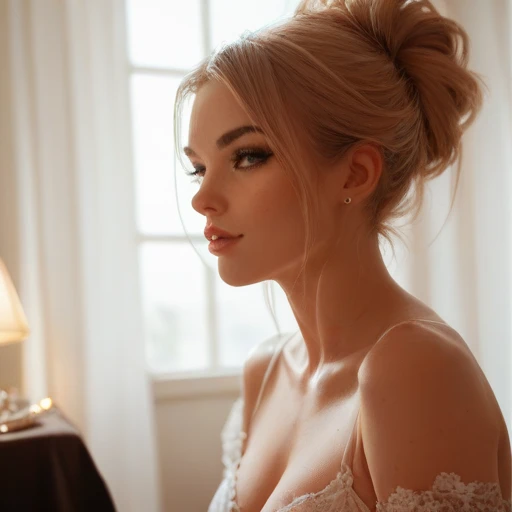 Gorgeous blonde, photographed over the shoulder from the back, lockiges langes Haar, steht in einer Wohnung in Paris, Eiffelturm im Hintergrund, beautiful bra, seitlich zum Betrachter, View over Paris