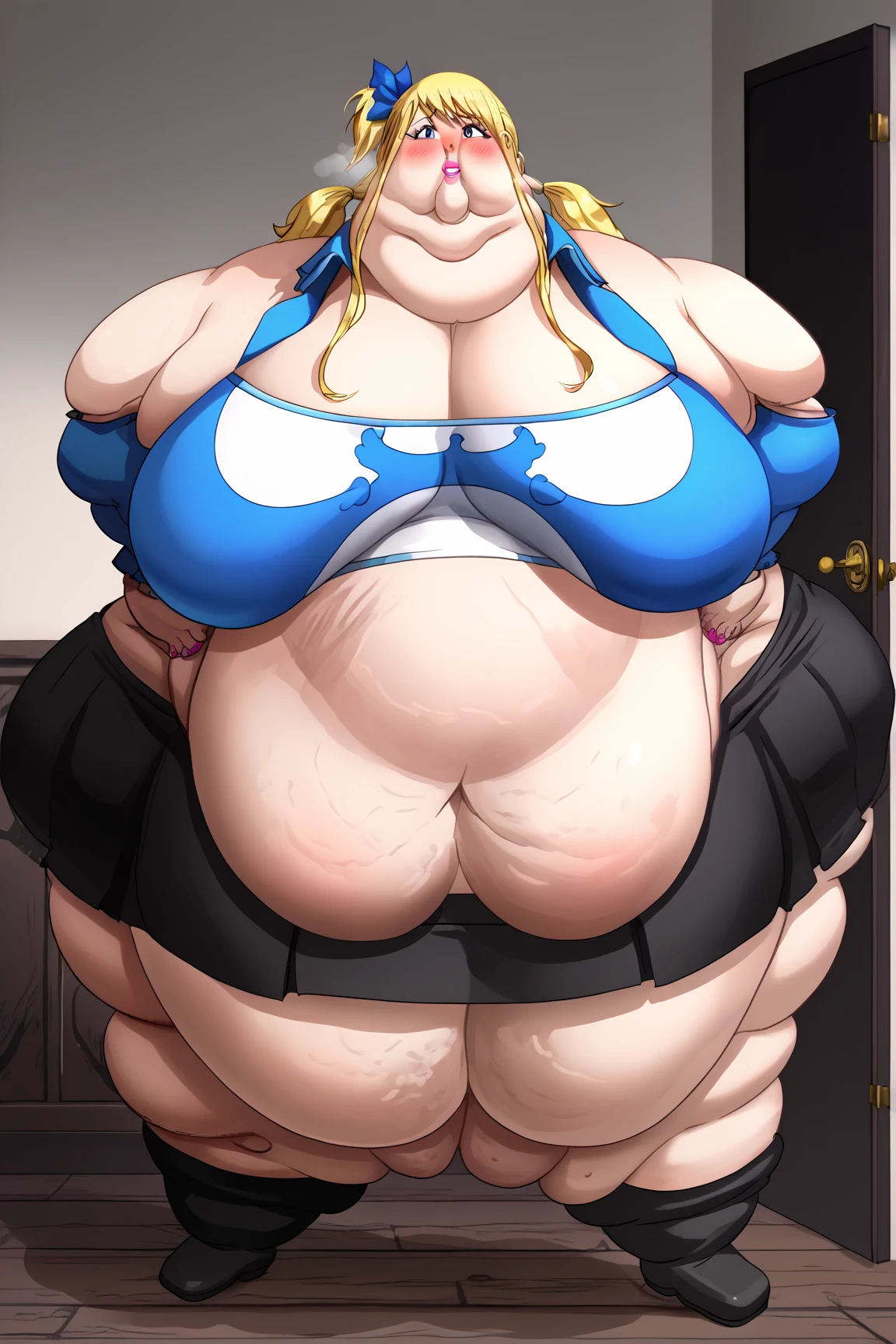 an immense female succubus with bovine features, 50 years old, Wide hips, gigantic ass, gigantic breasts, long legs, gigantic thighs, Thin waist, thick thighs, thick ass, completely round ass, wide ass, elongated body, long legs, high, fantasiosas sandalias de gruesa y high plataforma inclinada adaptables para patas vacunas, in a sexual dungeon, posing provocatively, hucowed, nami robin