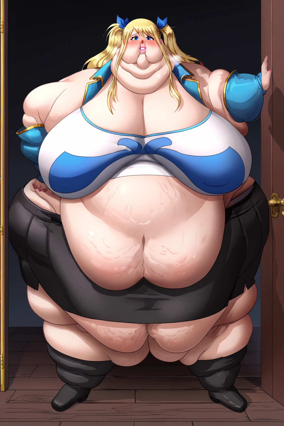 1 girl, blond long hair, walk, arms tied upwards with chain, panic face, skinny belly, fit, a blue top, white leggins, cellar bacground