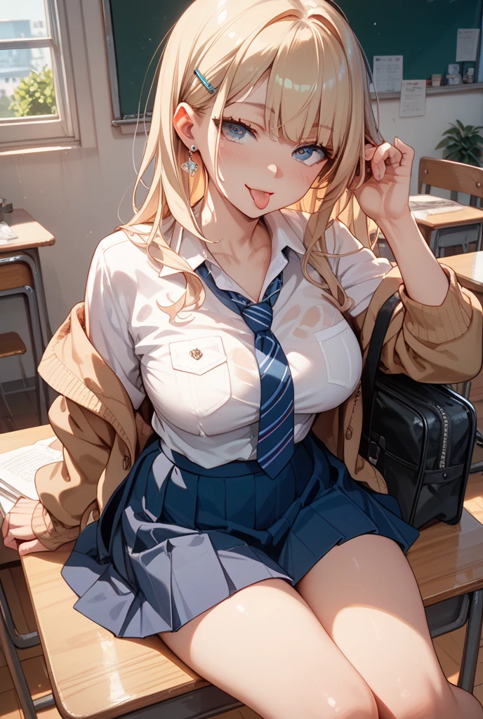(throw_hand, pink vibrator remote switch in throw_hand, throw:1.2), Highest quality, Super detailed, masterpiece, Ultra-high resolution, 8k, Ridiculous, Cowboy Shooting, Blurred, One girl, Focus on the girl, Embarrassing, blush, Lovely, With tears in her eyes and her mouth open, What saliva leaves behind, Wet skirt hem, (Sticky panties:1.1), (Light blue striped underwear), Bulging of the vibrator cord, Vibrator with Garters, [1girl, tsunade \(naruto\), naruto \(series\)], (medium breasts), (school uniform), (cleavage), Sit on a chair, Classroom Background, (black stockings), (Thighs), (Waistline)