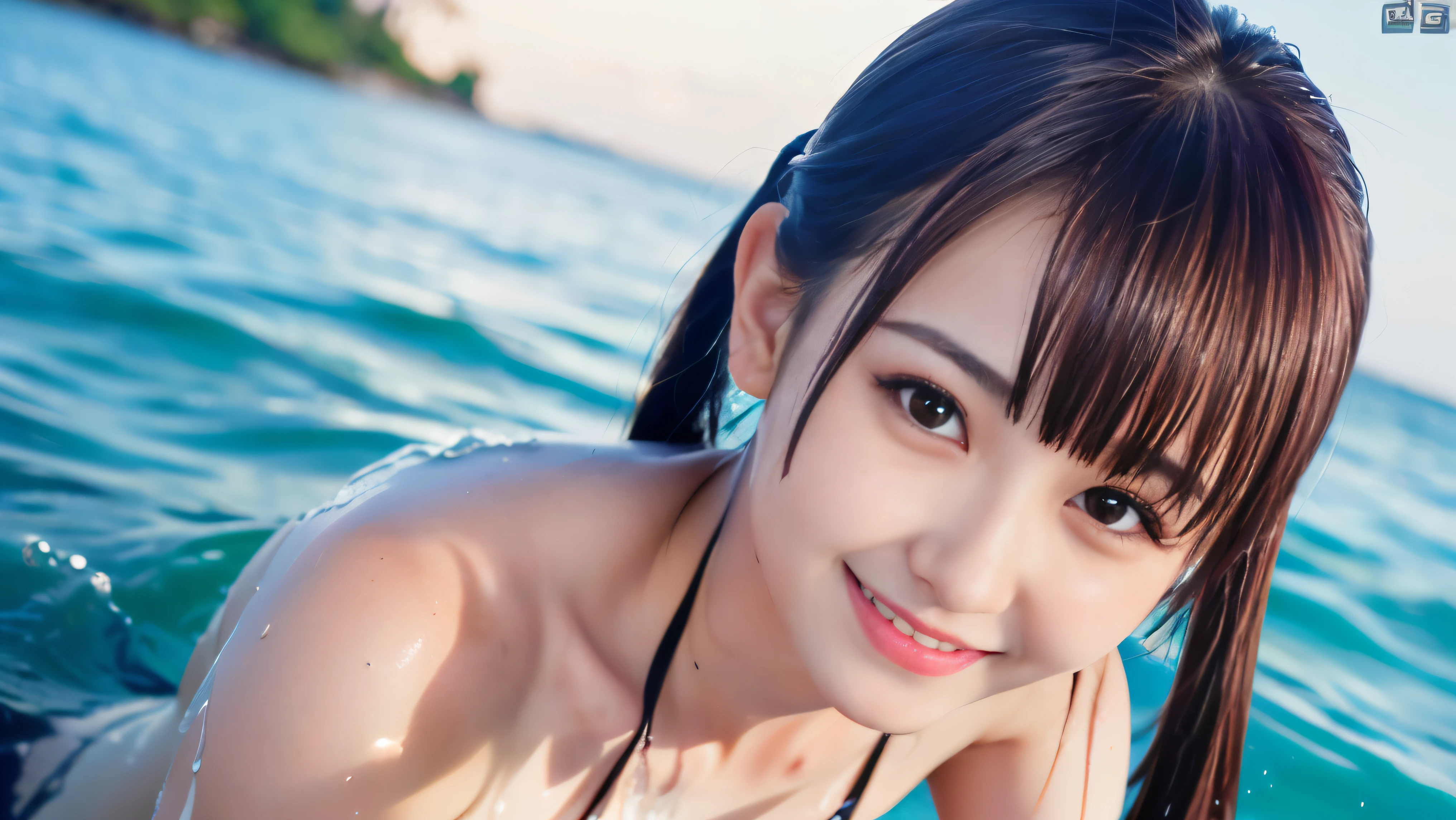 Japanese female, a lot of details, (underweight), detailed black hair, beautiful detailed hair, super fucking beautiful, delicate beautiful face, complex details beautiful and delicate eyes, perfect hands, (flat chest best quality:1.5), perfect and delicate limbs, detailed skin, best quality, ultra-detailed,(cheerful grin:1.5),
beach, luxury liner, delightful, lying down, bangs pinned back, (red swimsuit), in the ocean, in the sky, in the afternoon, aerial view