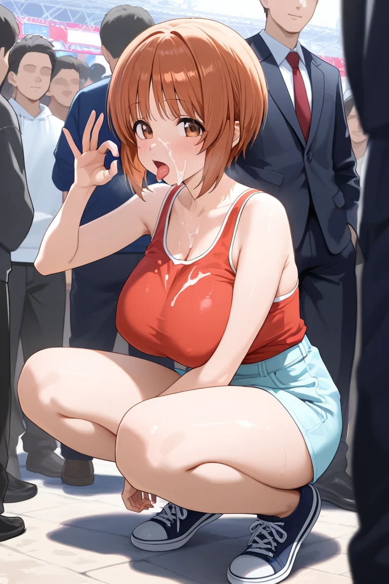 score_9, score_8_up, score_7_up, source_アニメ, sakimiya iruka, red hair, green eyes, one side up, medium hair, green scrunchie, hair ornament, shiny skin, rating_explicit, large breasts, large ass, completely nude, back,(embarrassed, shocked),(tears:1.3),(open mouth, shout),(sweat:1.2), (steam on body, heavy breathing), (trembling:1.4), saliva, bouncing breasts, unaligned breasts,(motion lines:1.5), (motion blur),(pussy juice, Squirting:1.5), 1fatman, hetero, vaginal penis, sex from behind, spread legs, all fours,(huge penis:1.5), (arms grab, pull arms:1.3), pole dance, on stage, front view,