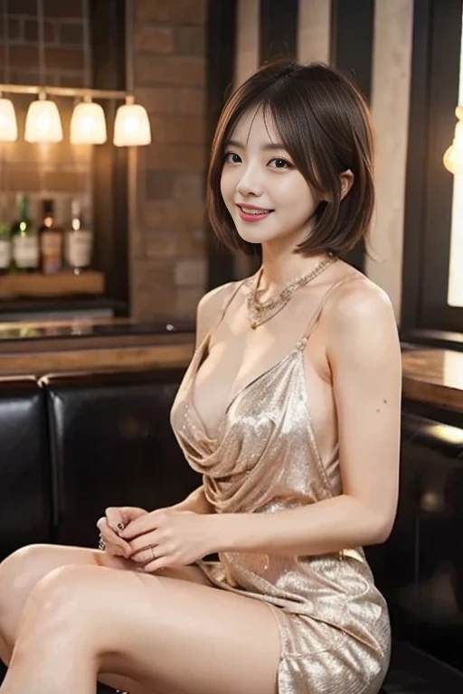 Best Quality, Live Action, RAW Photos, Super Detail, 1 Woman, Married Woman, Beautiful Body, Big, Glamour, Sexy Pose, Beautiful Woman, Short Hair, Bartender,