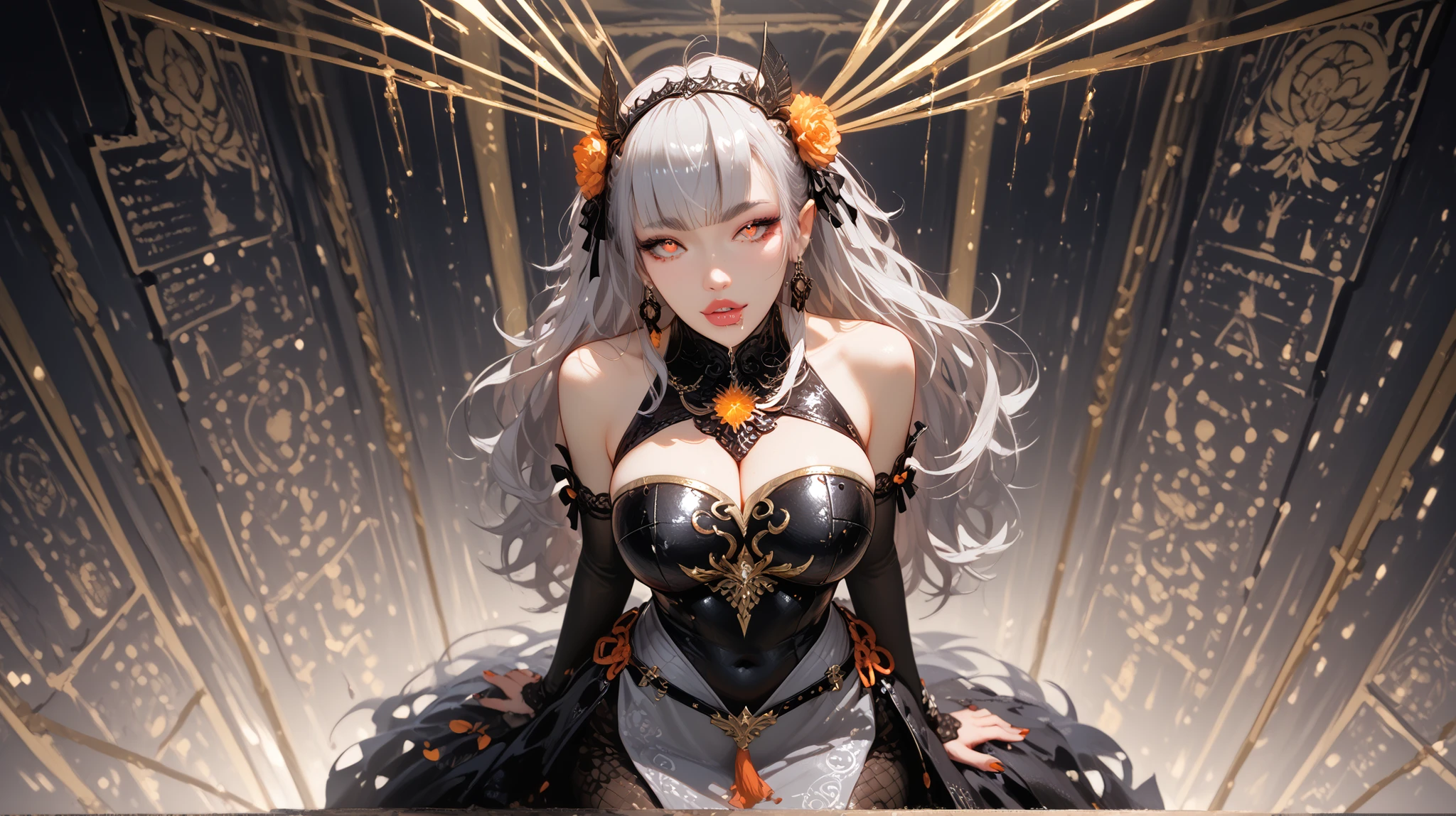 Portrait photo of a Japanese female android in her mid-twenties made of white and silver transparent glass and plastic, Geisha Makeup, black hairstyle, Silver and gold metal internals, Dynamic pose, Flowing organic structure, Detailed engraving, Lace knitting designs, Shiny gold circuit, coloRful Neon Trim, Detailed engraving, Lace knitting designs, Glowing Circuit, Neon Trim, art:H.R. Giger, GReg Rutowski