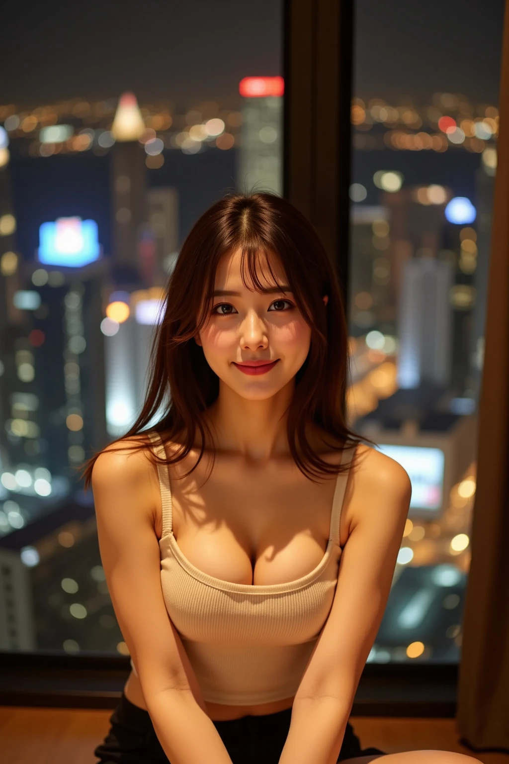 (Half eyes closed: 1.3, Eyes half closed: 1.3), 15 years old cute Korean, big round breasts, cleavage, cropped length tank top, skirt, beautiful eyes in detail, eyelashes, beautiful double eyelids, eyeshadow, hanging eyes, cut eyes, thin beautiful thighs, beautiful thin legs, perfect eye makeup, ((seductive smile, squeaky look, evil look)), high-rise hotel, Night view from the window, kneeling on a big bed, brown hair,