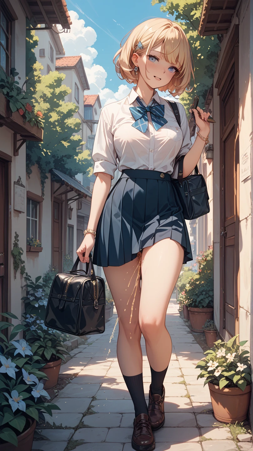 1girl, full body, solo, summer, village, trees, sun, clouds, ((brown hair)), ponytail, large breasts, ((black blazer)), button down shirt, ((white shirt)), ((short sleeved shirt)), ((unbuttoned shirt)), unbuttoning buttons, cleavage 1:3, brown eyes, skirt, smile, looking at the viewer, standing, hair ribbon, golden necklate, shoulder bag