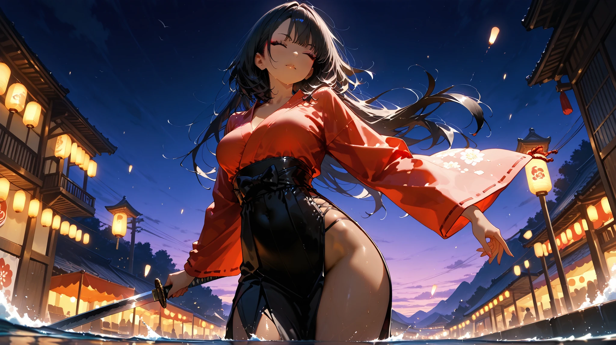 Soifon, bleach anime, 1girl, solo, cute kimono, wooden sandals, black thighhighs, medium breast, cleavage, japan akihabara, night view, hair between eyes, (soifon original hair), looking at viewer, black hair, solo, thighhighs, thighs, ((masterpiece)), standing, sexy pose, blush, shy, smile,