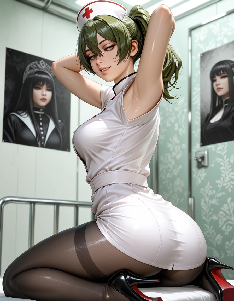 (best quality:1.3), (4k quality),(sharp image), Maki, ((Detailed face)), ((masterpiece face)),((perfect detailed eyes)) (blush), Maki, green hair, green ponytail hair, yellow eyes, pink lips, pink lips, sly face, face with stern features, ((detailed face)), perfect face, highly detailed eyes, masterpiece, absurdres , (intricate details), (colorful),cinematic lighting, extremely detailed CG unity 8k wallpaper , 1girl, solo, mature female, erected tits, fit body, cameltoe, black transparent lingerie with black stockings, glasses, (tricky glance, wicked smile), classroom, ((perfect small erected breast)), ((sitting at the table in seductive pose))((spread legs))