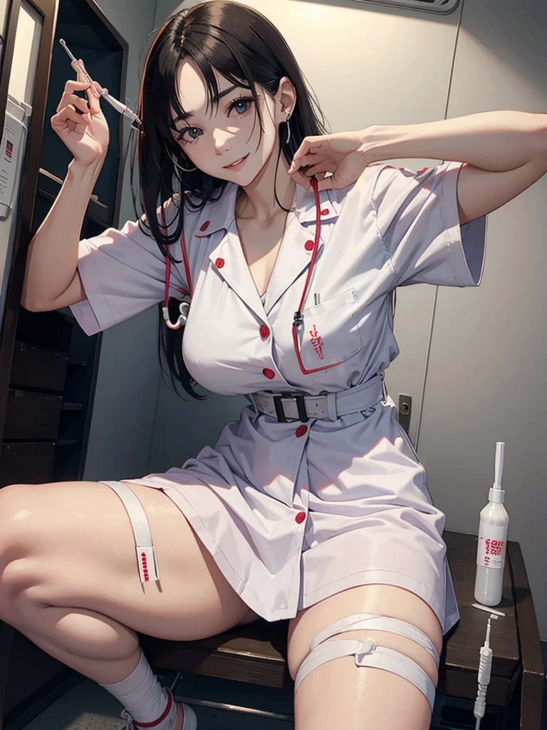 (Best Quality,8K,hight resolution,masutepiece:1.2),Ultra-detailed,(Realistic,It's photorealistic,photorealistic:1.37),30-years old、Infirmary、(((Beautiful dental hygienist)))、(((Appearance during treatment)))、(Don't wear panties)), (((Leaning forward to look into the patient)))、(((Independent lab coat)))、(8K、top-quality、masterpiece:1.2)、(reallistic、photorealistic:1.2)、 (((cross one's legs)))、(((disheveled lab coat)))、(((Kneeling and crossing)))、solo、hospitals、watching at viewers、(sit on a bed:1.5)、(((Hospital room)))、skirt by the, Nurse lab coat, sockes, A dark-haired, bblurry, bblurry、Emphasize cleavage – Emphasize cleavage – Emphasize cleavage