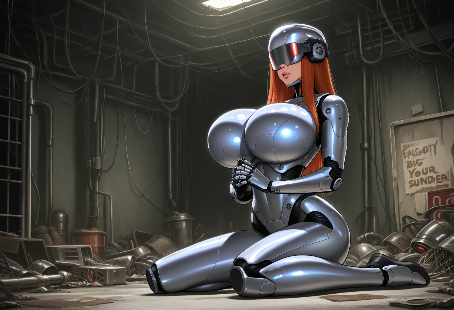 Robocop helmet, open mouth, open mouth, Robocop armor, slutty busty woman, whole body