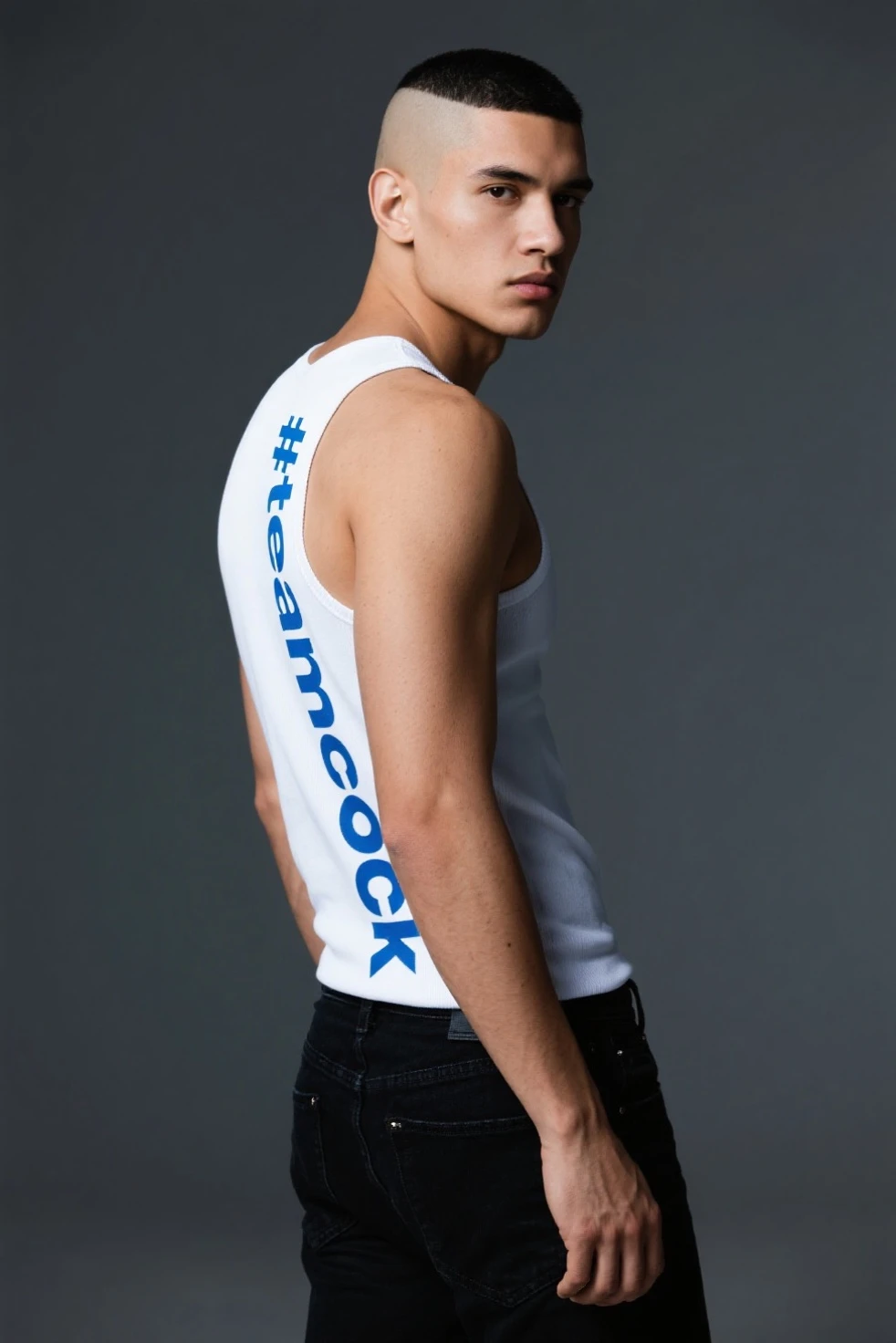Young male, tight patterned boxers, topless, skinny body, tattoo, 16yo, cyan hair