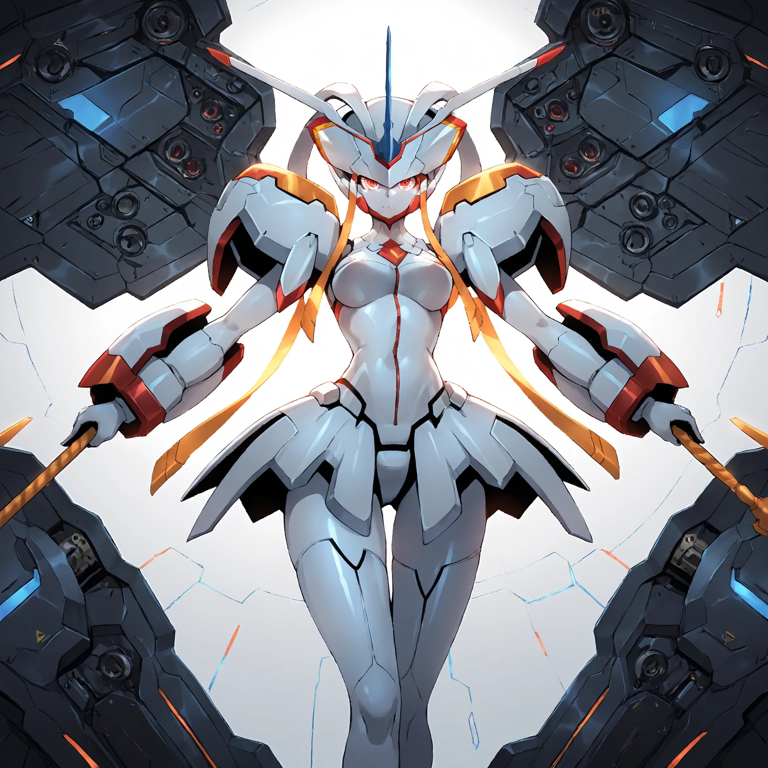 ((masterpiece)), ((best quality)), (ultra-detailed), (CG illustration), (an extremely devious and beautiful)), (cute desktop face), cinematic light, ((1 mechanical girl)), single, full, (machine-made joints : 1.4), ((mechanical limb)), (blood vessel attached to tube), ((mechanical spine attached to back)), ((mechanical cervical vertebrae attached to neck), ((war machine)), expressionless, (wires and cables attached to head and body: 1.5), (character focus), science fiction