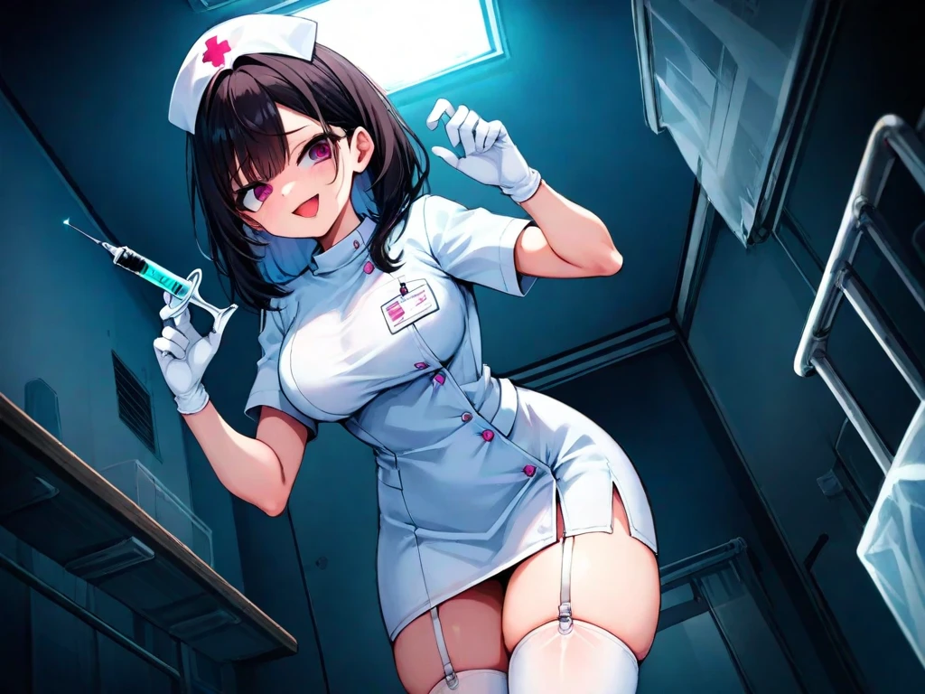 1woman, solo, nurse, white nurse cap, white nurse uniform, ((white legwear, zettai ryouiki)), white gloves, long hair, purple hair, red eyes, ((white surgical mask, covered nose)), standing, ((hospital room)), sharp outline, short sleeves, mature female, 35 years old, best quality, masterpiece