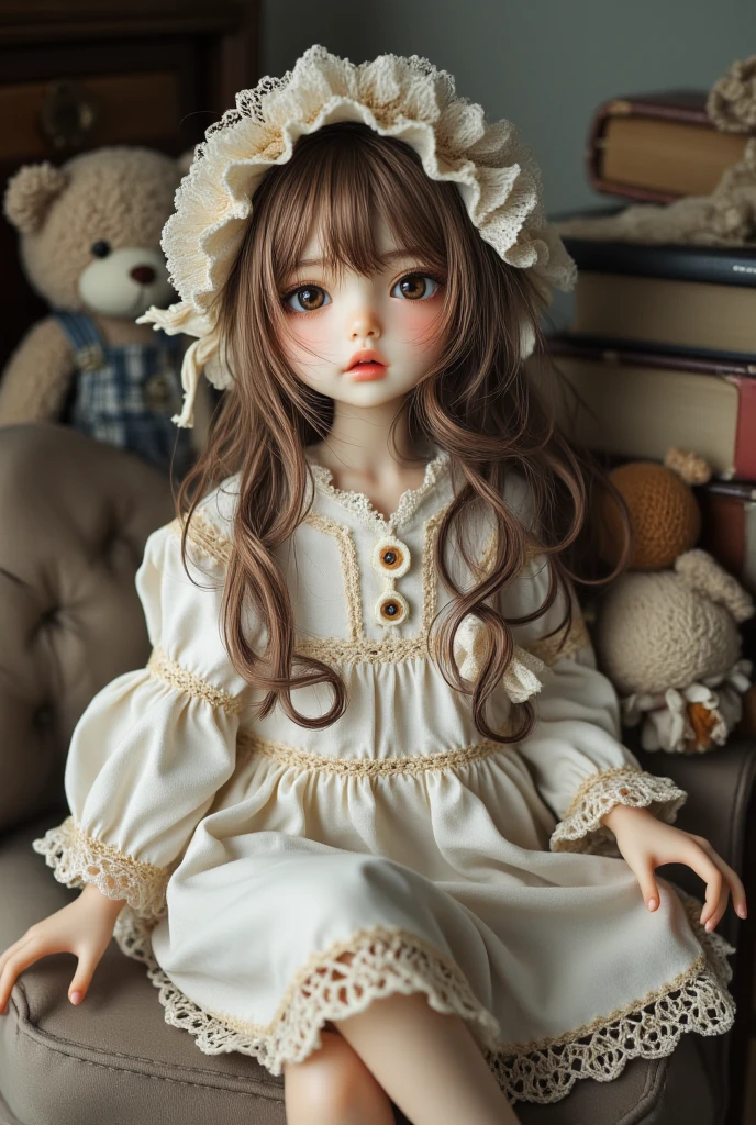photorealistic, realistic photo, ((highest quality)), ((masterpiece)), ((extremely detailed)), kukolnydom, doll, (mature woman, 22yo, 22 years old:1.6), solo, ((from above, lying on bed, lying on back, arms by sides, skinny, slender, slim)), green eyes, open mouth, (brown hair, looking at another, blank eyes, empty eyes, detailed eyes, detailed face:1.3), blouse, pleated skirt, choker, room, 8k