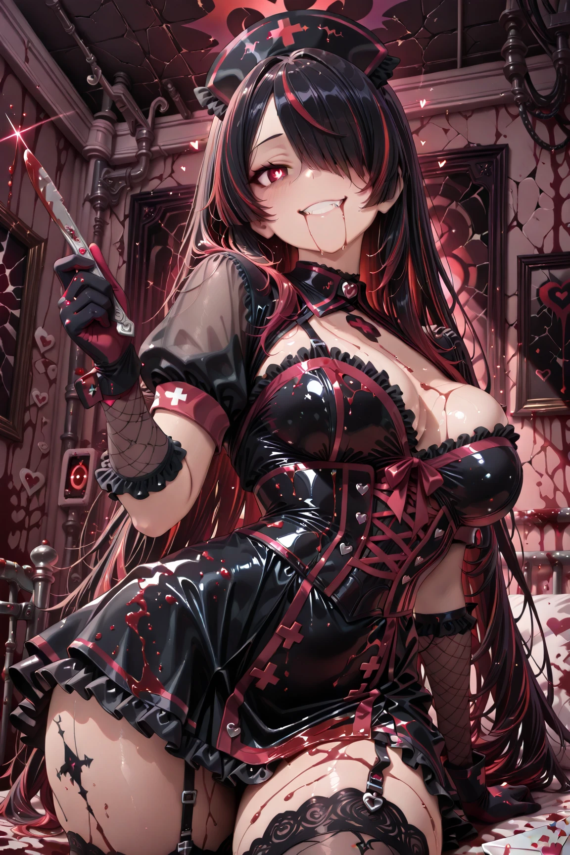 ((Highest quality)), (masterpiece)), (detailed: 1.4), Disorganized solutions、High resolution、(masterpiece:1.4)、Super detailed、Beautiful girl、Highest quality、masterpiece、Very detailed、(1 person):1.4、(Black latex swimsuit)、、Twin tails、Short Twin tails、choker、:1.1,(Shiny latex)、elbow full gloves,thighhigh boots,Ominous landscape,Dark aura,ruins,skull,Bloodbath,evil grin,evil smile,Anxious smile,